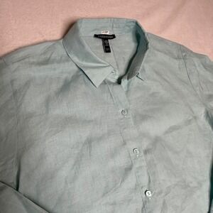 EILEEN FISHER Organic Linen Light Blue Button Up Shirt Women's XS